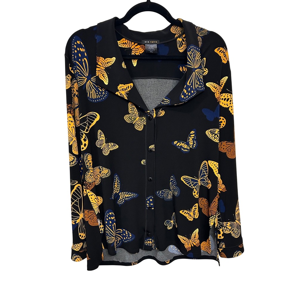 Eva Varro Butterfly Print Button Down Blouse Black Yellow XL Handcrafted USA
